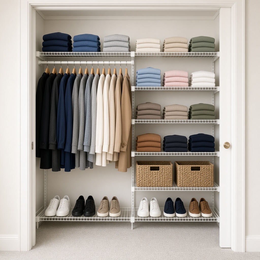 Neatly organized closet after organizing