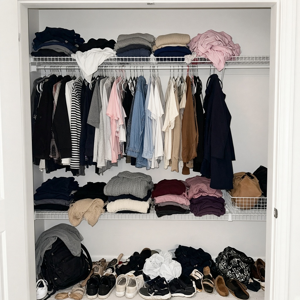 Cluttered closet before organizing