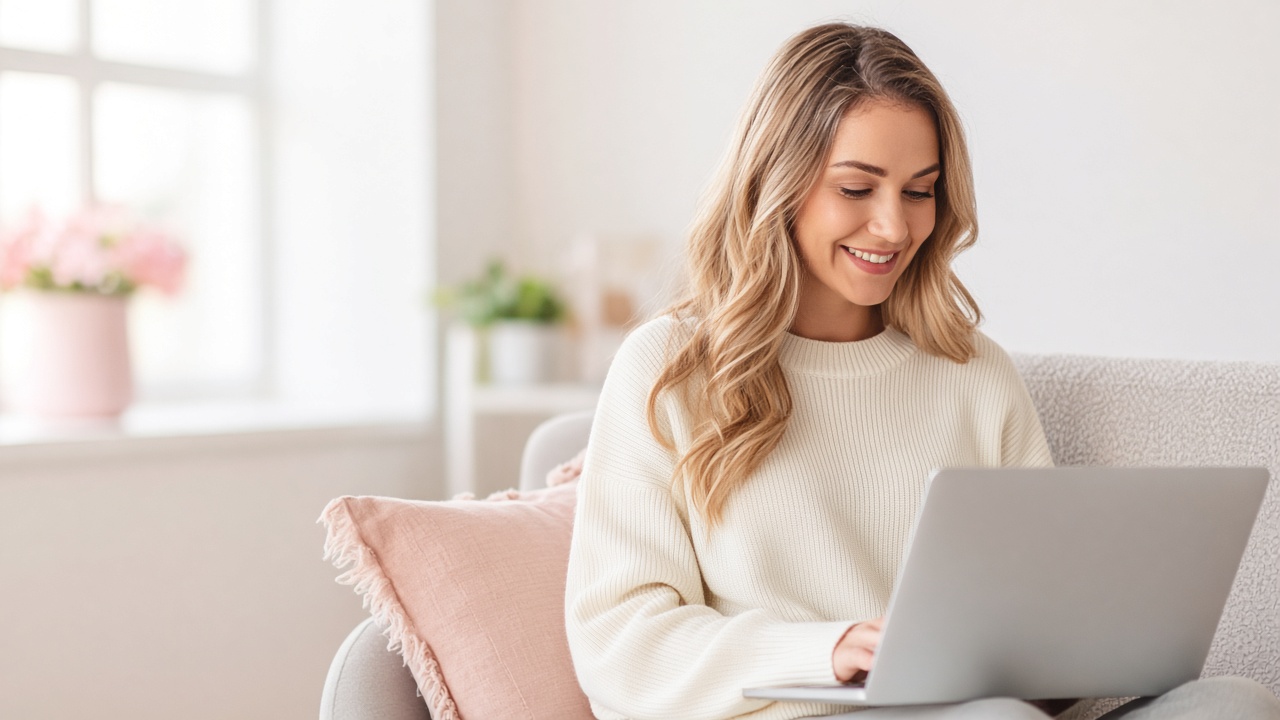 Woman relaxing on a sofa with a laptop